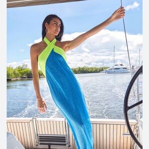 Pitusa Neon Lime and Aqua Blue Halter Dress